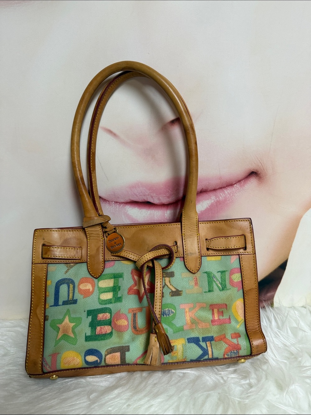 Dooney & Bourke Multicolor Logo Canvas Shoulder Bag with Tan Trim Vintage Small
